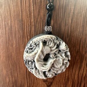 Tai Chi Stone Phoenix an Dragon Pendant Necklace on Black Adjustable Rope